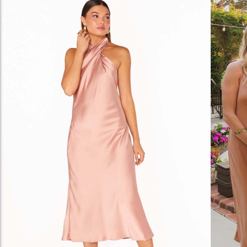 Show Me Your MuMu Satin Midi Dress in Tan and Cream